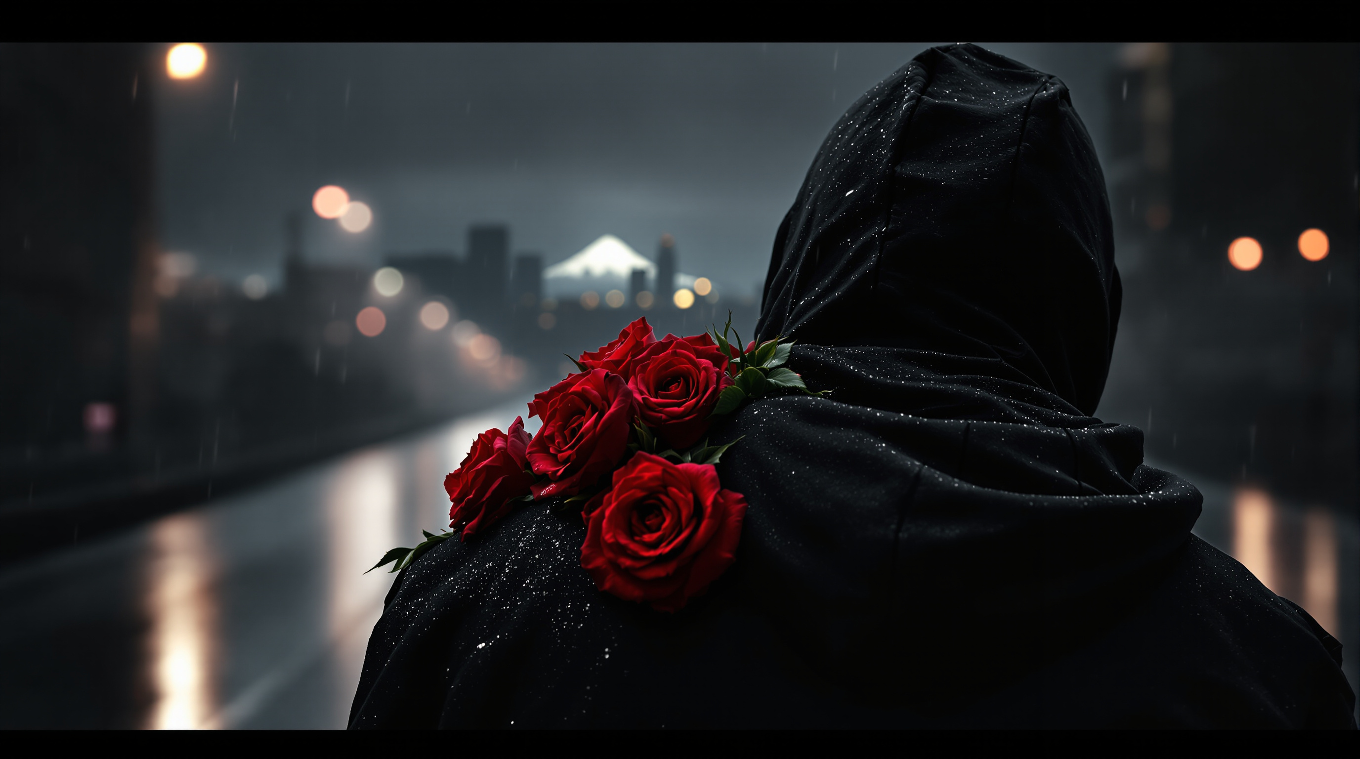 A figure from behind in the Portland rain, roses on his shoulder.